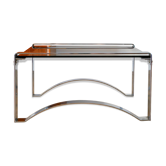 Table basse rectangulaire Space Age en chrome et verre fumé, pieds arqués, 1970