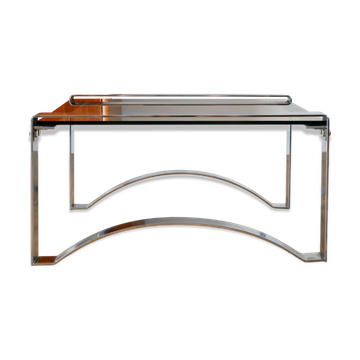 Table basse rectangulaire Space Age en chrome et verre fumé, pieds arqués, 1970