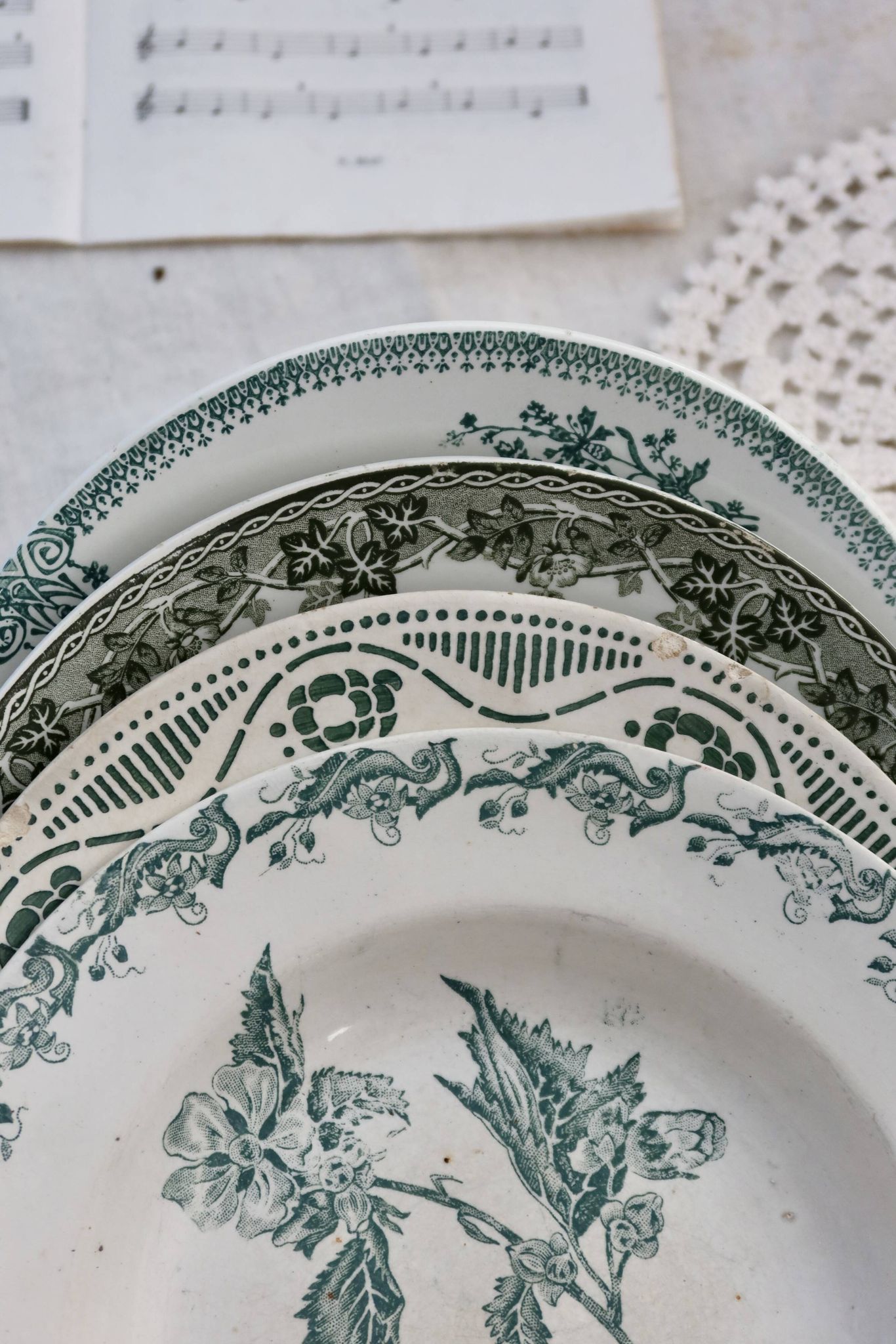 4 mismatched old green ironstone deep plates