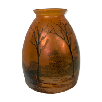 Art Nouveau, lamp tulip glass painted landscape around 1900