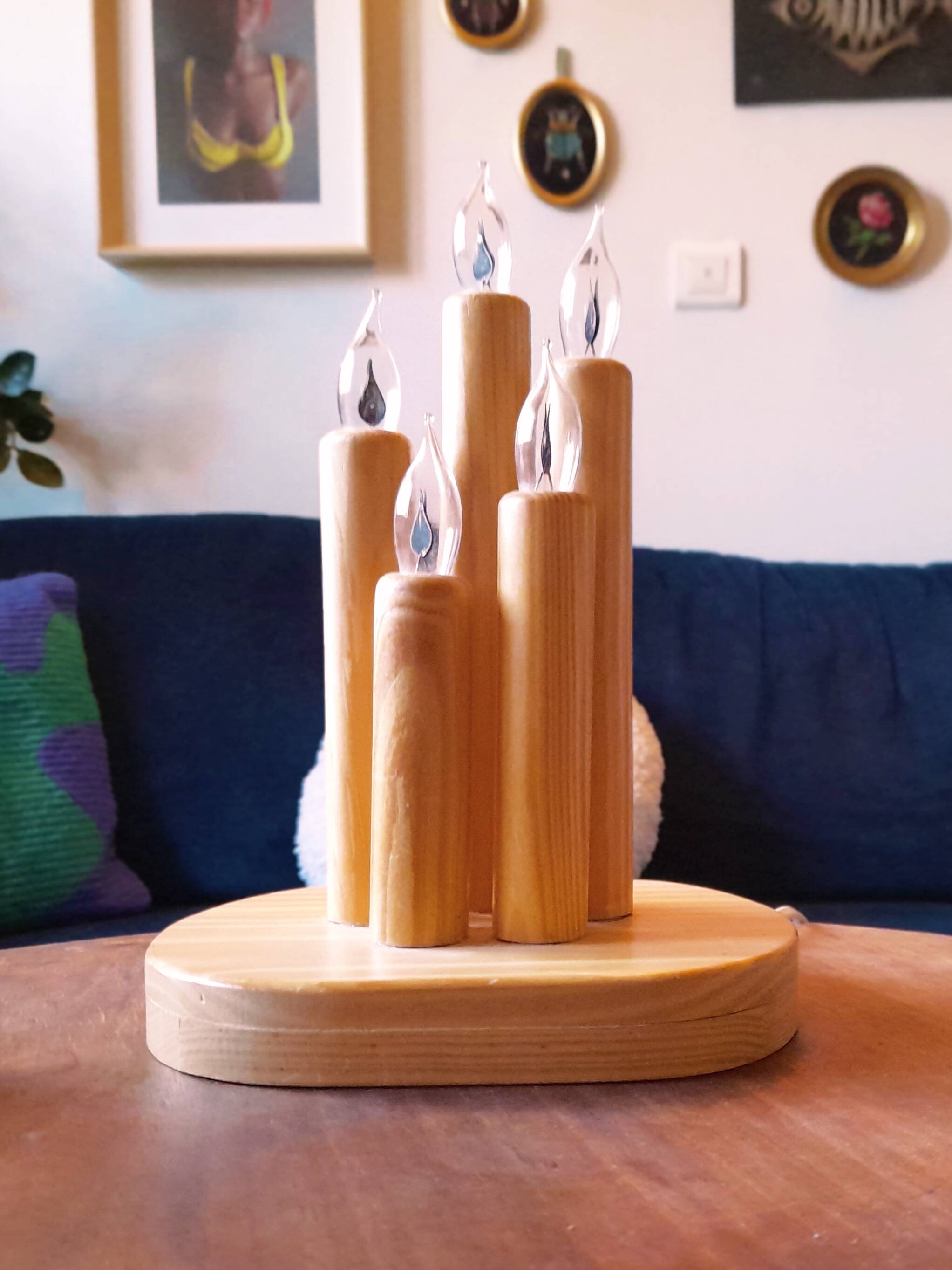 Vintage Swedish pine electric candelabra, 70s/80s