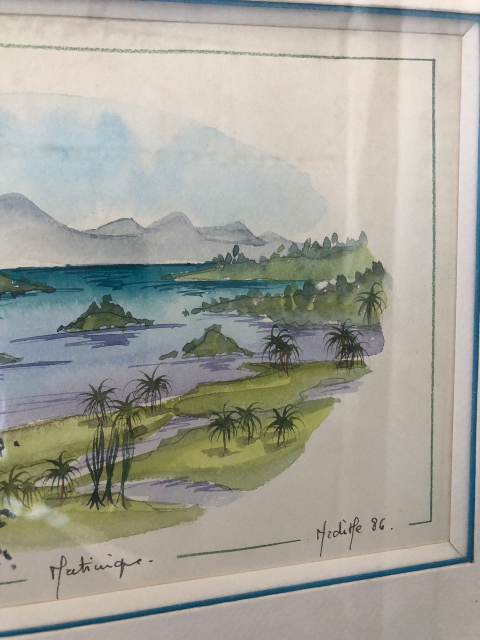 Watercolor painting nadine martinique the three islets + wood frame #a223