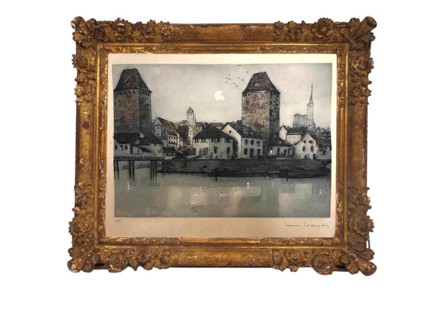 Old engraving The Two Towers signed Dauphin early 20th century