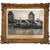 Old engraving The Two Towers signed Dauphin early 20th century