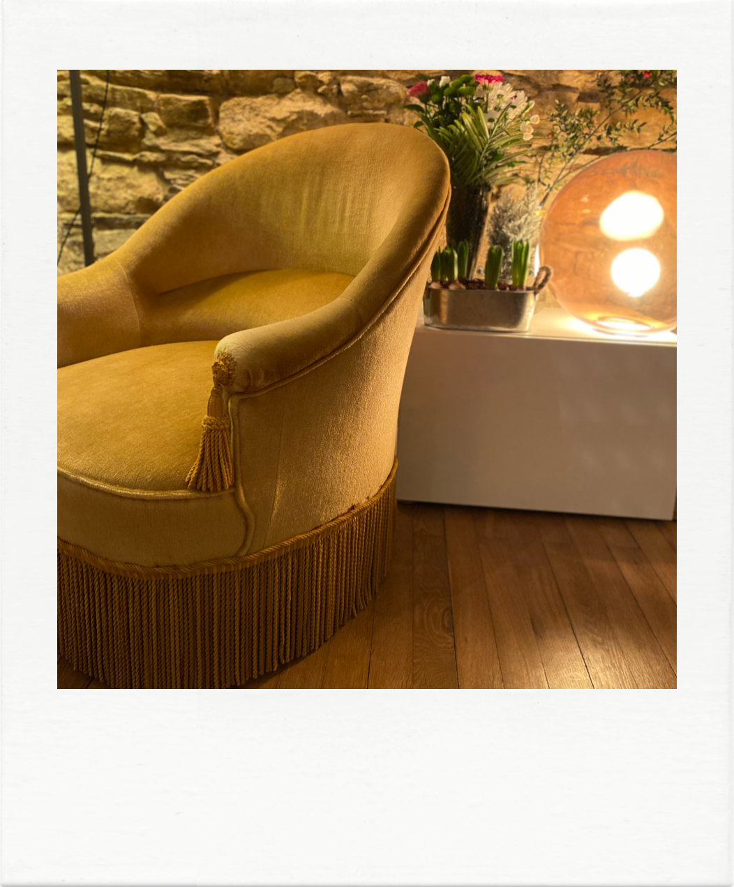 Mustard yellow velvet toad chair, excellent condition