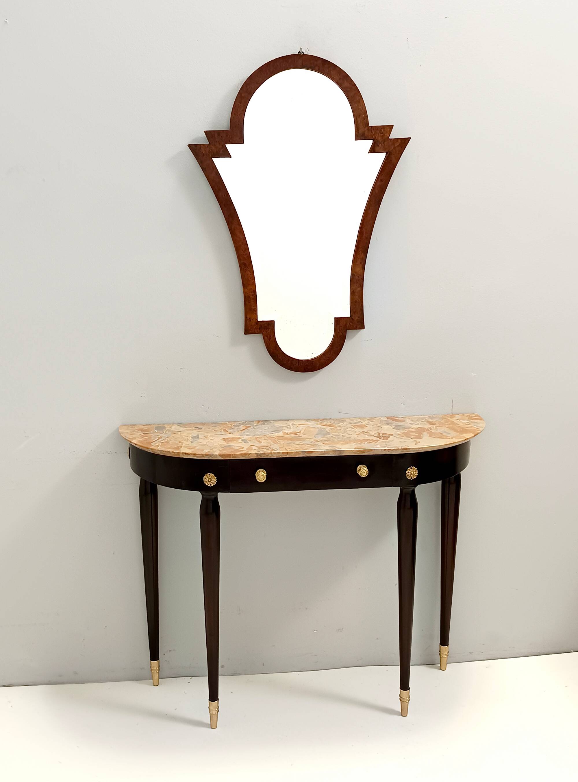 Ebonized Beech Console with a Demilune Macchiavecchia Marble Top attr. to Paolo Buffa
