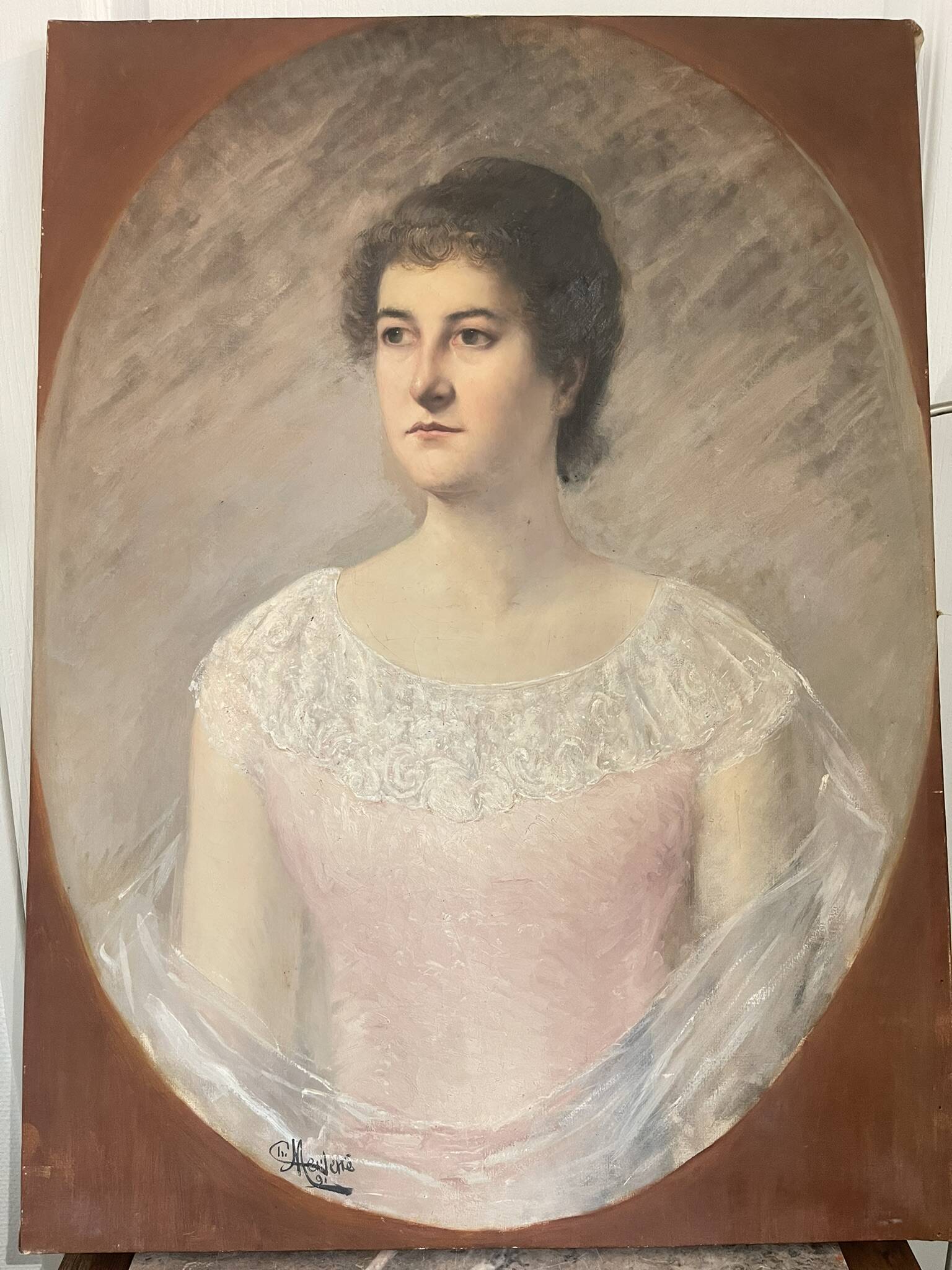 Tableau peinture huile toile portrait femme robe dentelle xixème 19ème merl