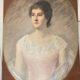 Tableau peinture huile toile portrait femme robe dentelle xixème 19ème merl