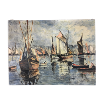 Table - signed navy, oil painting, boats at the port