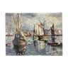 Table - signed navy, oil painting, boats at the port