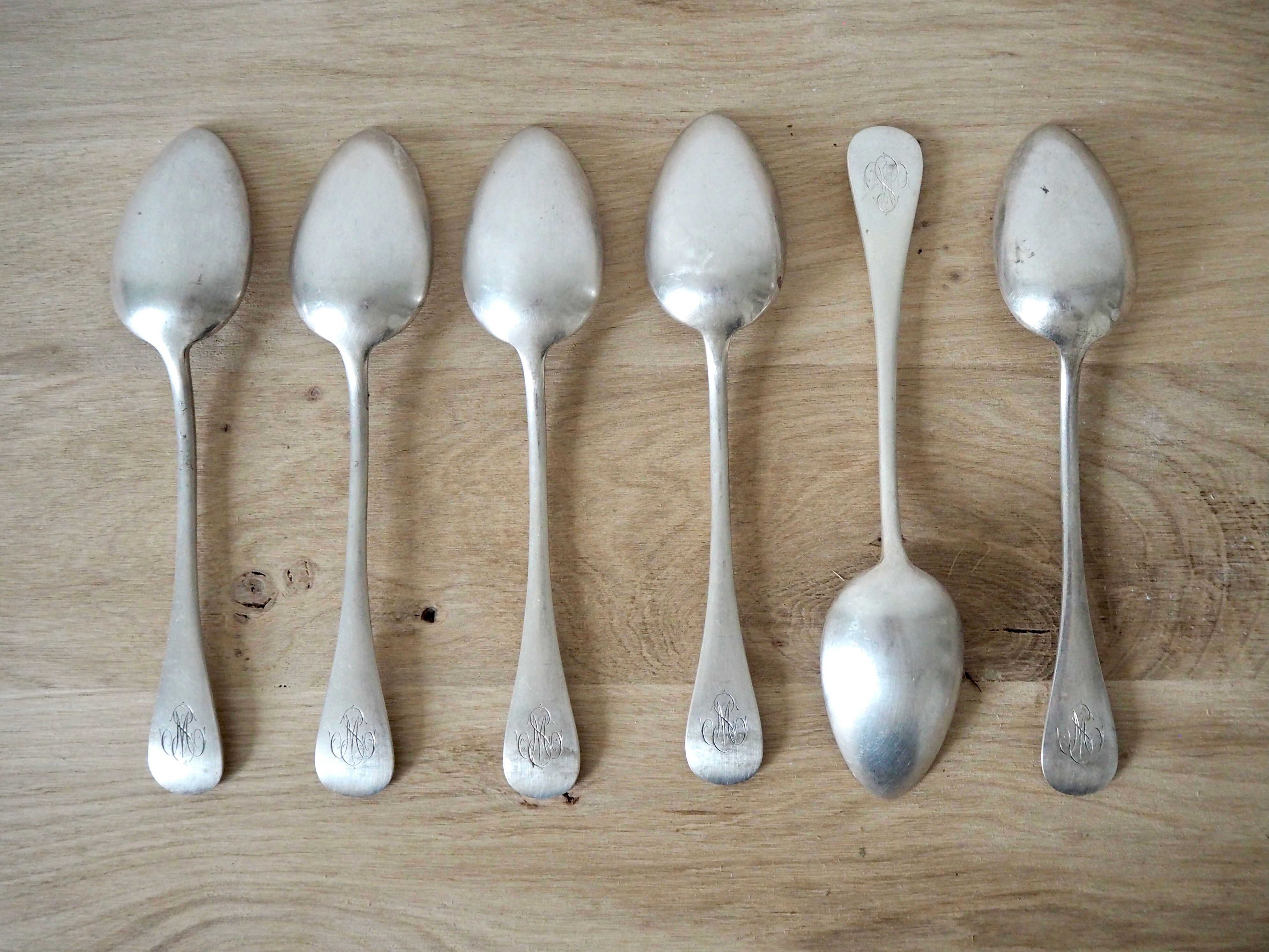 Set de 6 cuillères en argent Cailar-Bayard, monogrammées MS