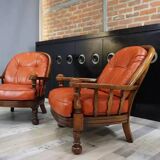 Pair of 60s armchairs in leather and wood