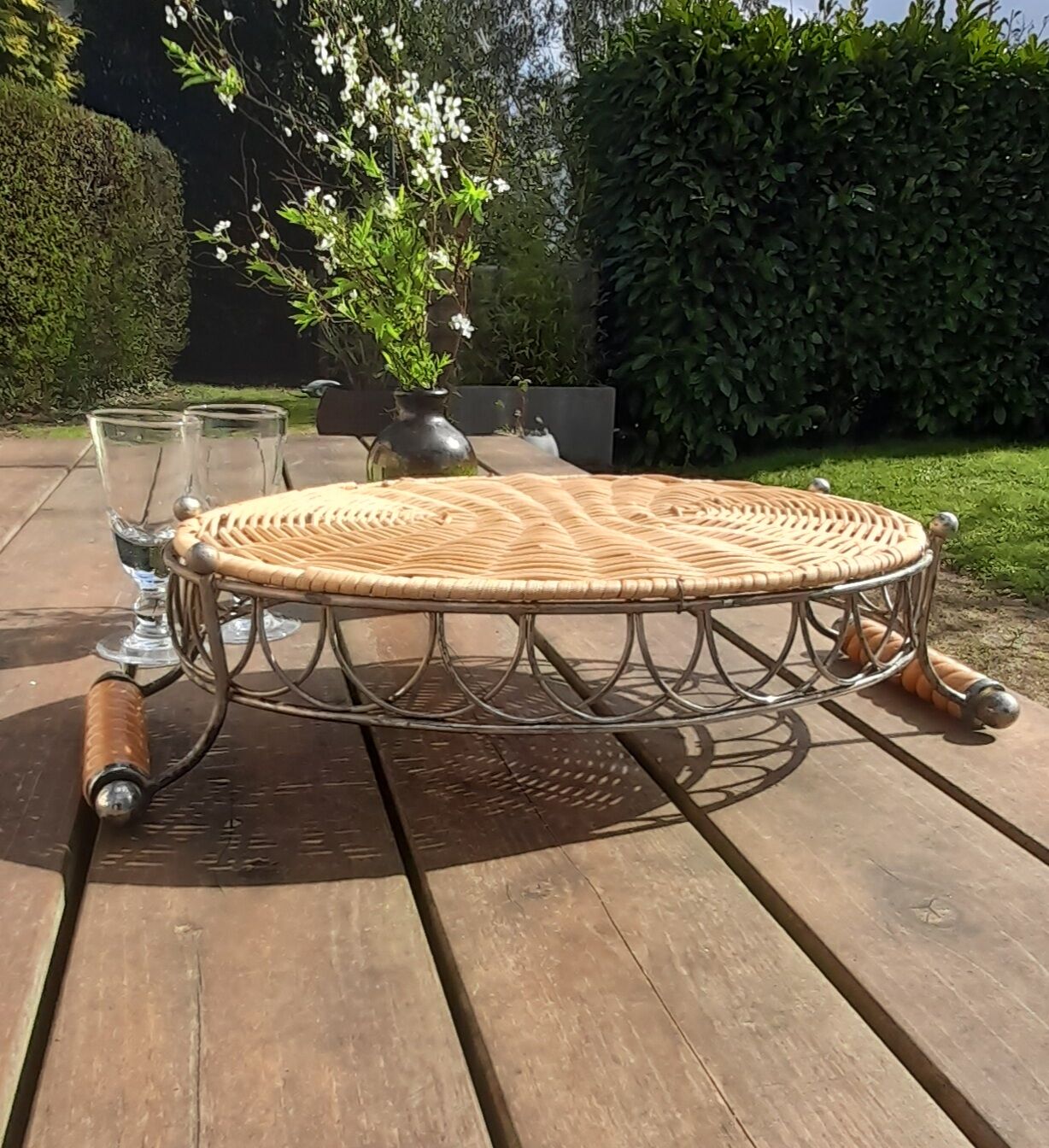 Rattan and silver metal tray with handles - vintage