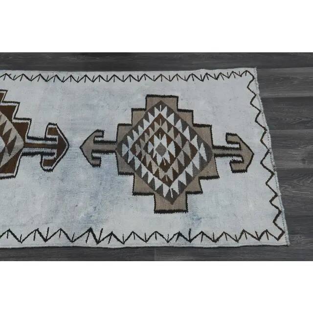 1970s Vintage Turkish Oushak Handmade Wool Cotton Blue Runner Rug 91x352