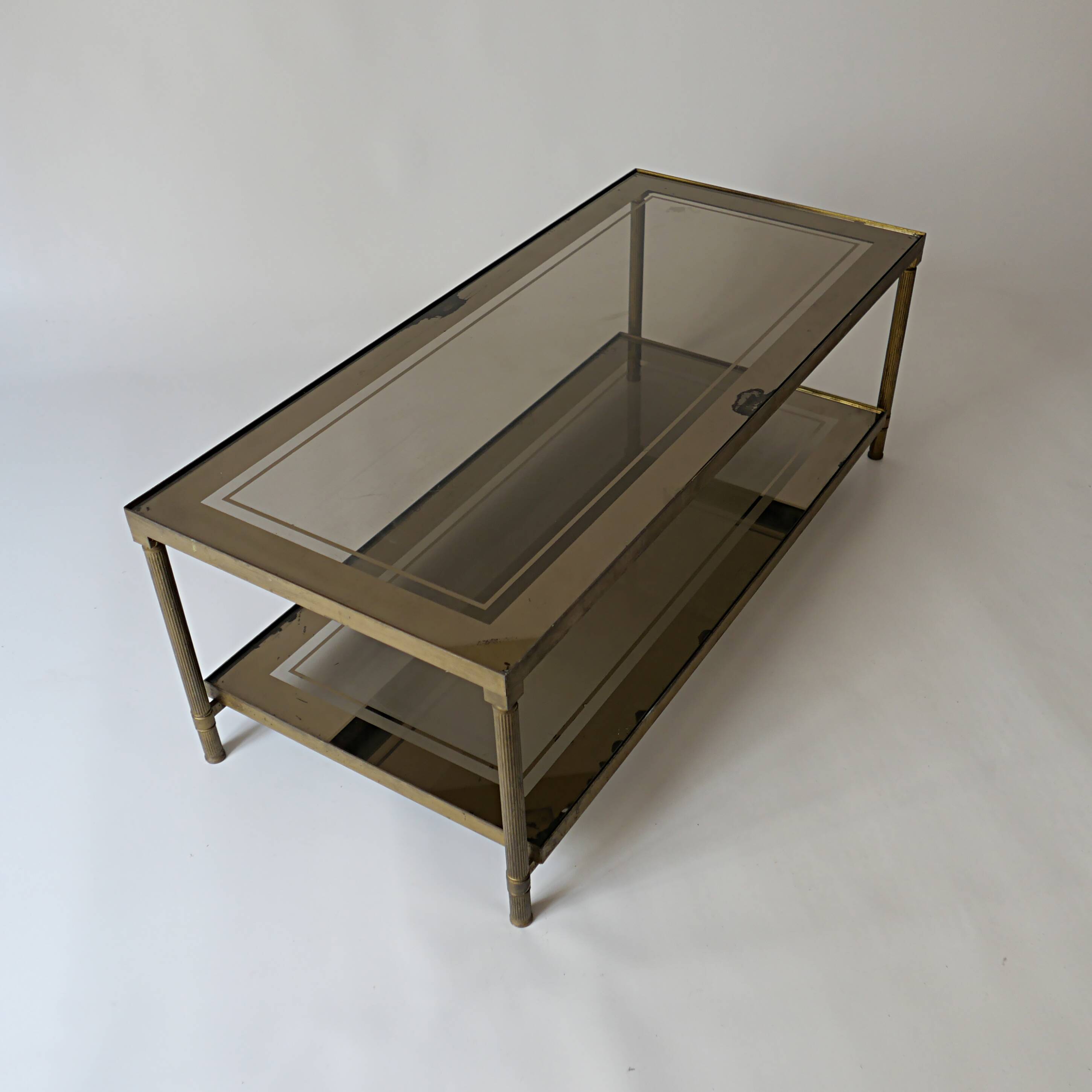vintage brass coffee table with smoked glass mirror, antique Maison Jansen