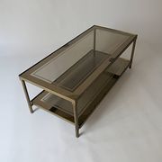 vintage brass coffee table with smoked glass mirror, antique Maison Jansen