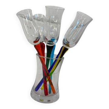 Ensemble de 6 verres à champagne vintage colorés avec vase
