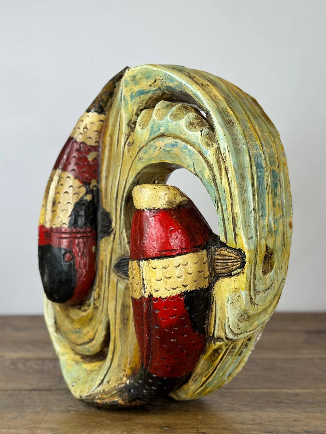 Wooden wall sculpture of Koi Carp, tribal India, mid-20th century.