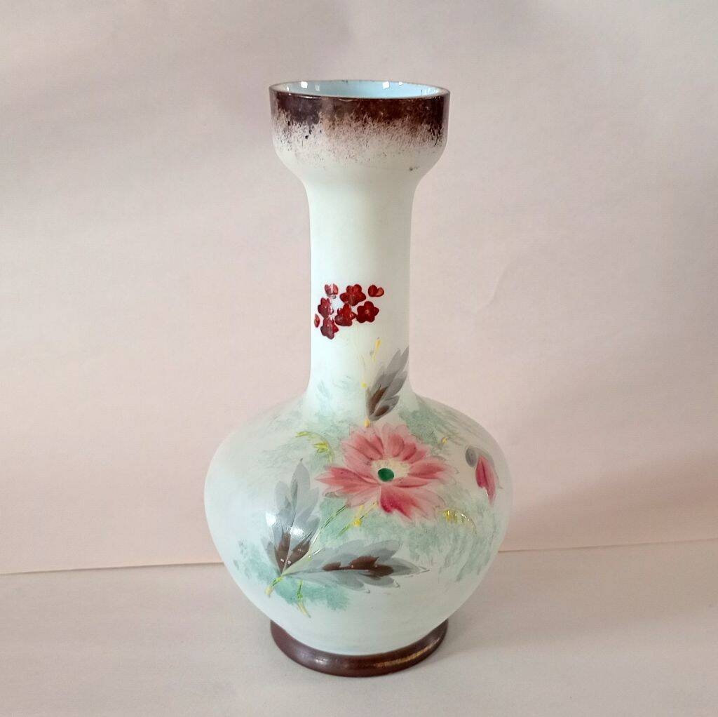 Late 19th Century French Opaline Glass Vase - Hand-Painted Floral Soliflore