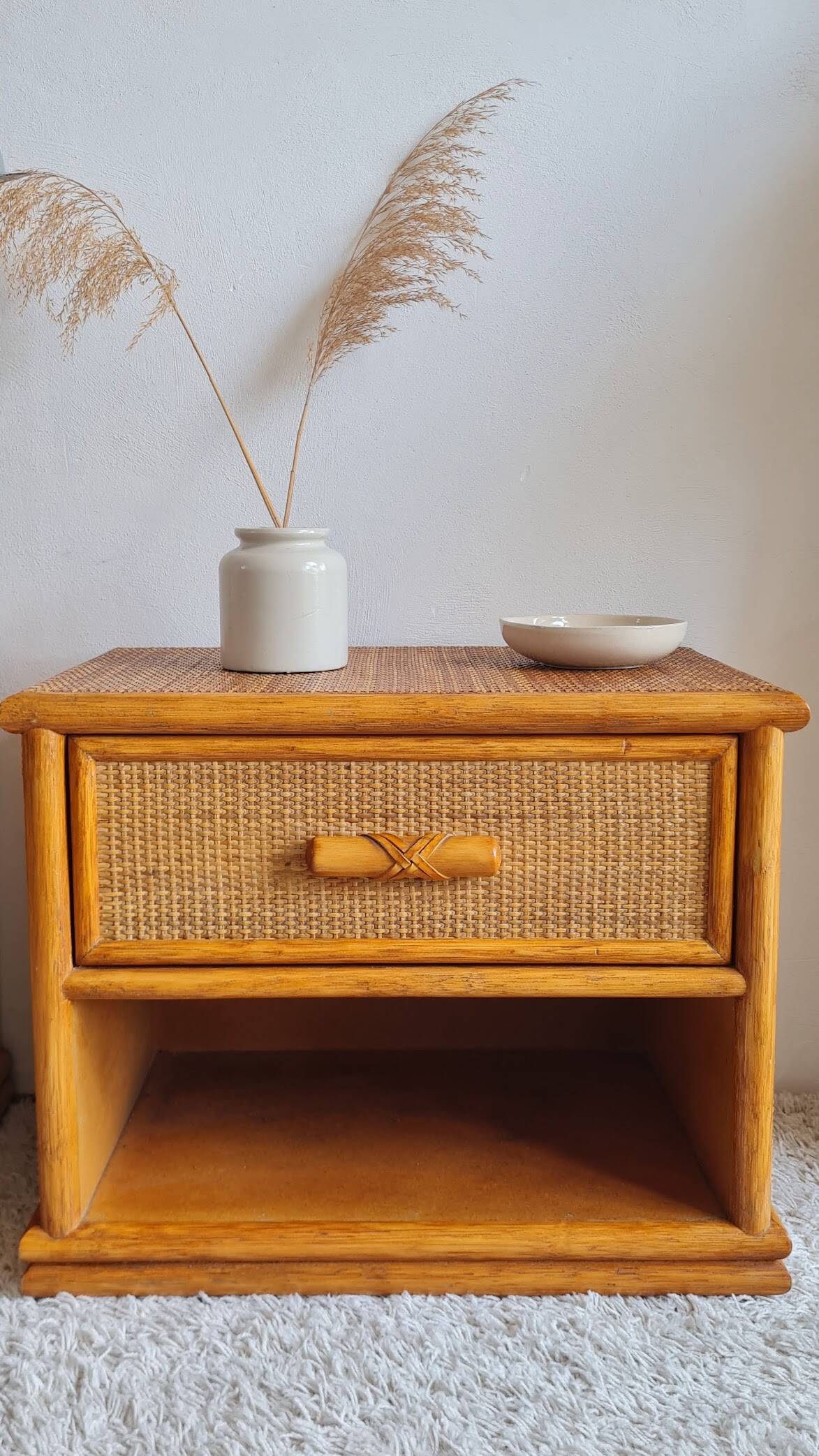 Pair of vintage rattan bedside tables from the 1970s.