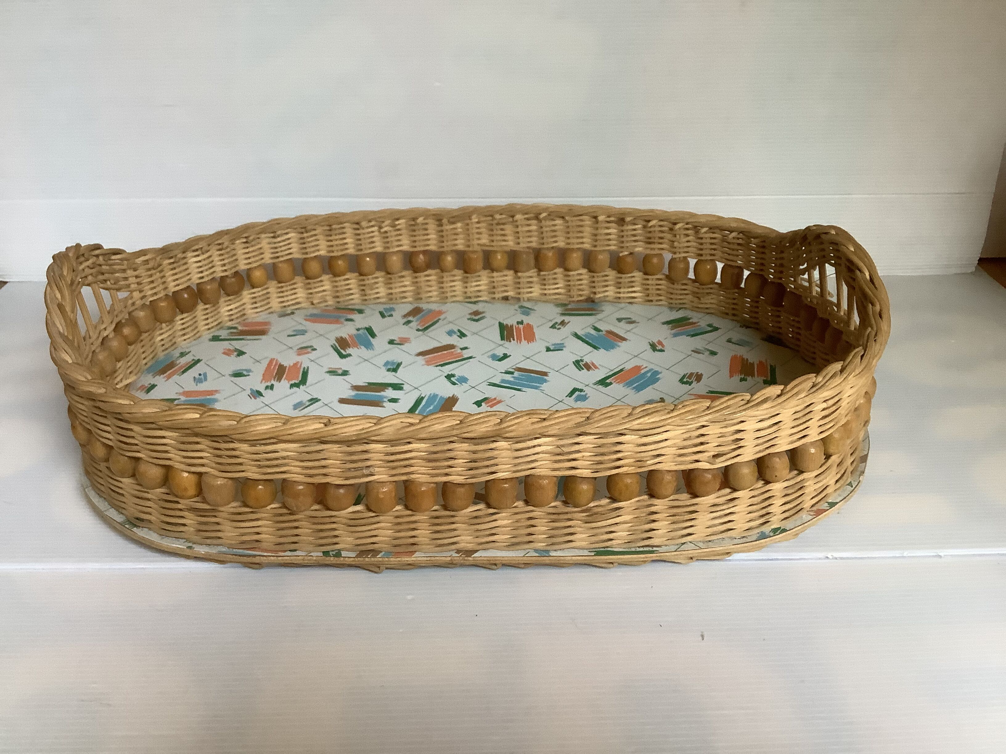 Old basket tray wicker rattan wooden beads