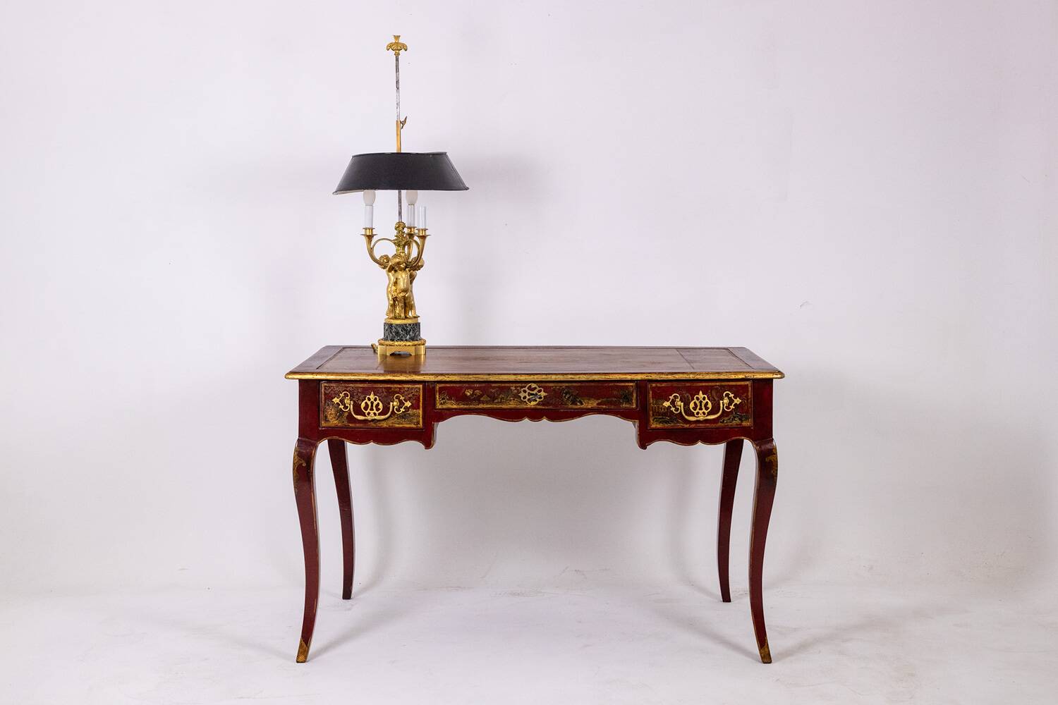 Louis XV style bureau plat with lake scene decoration. Circa 1800.