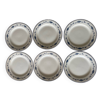 Lot de 6 assiettes plates en terre de fer motifs bleu estampillées