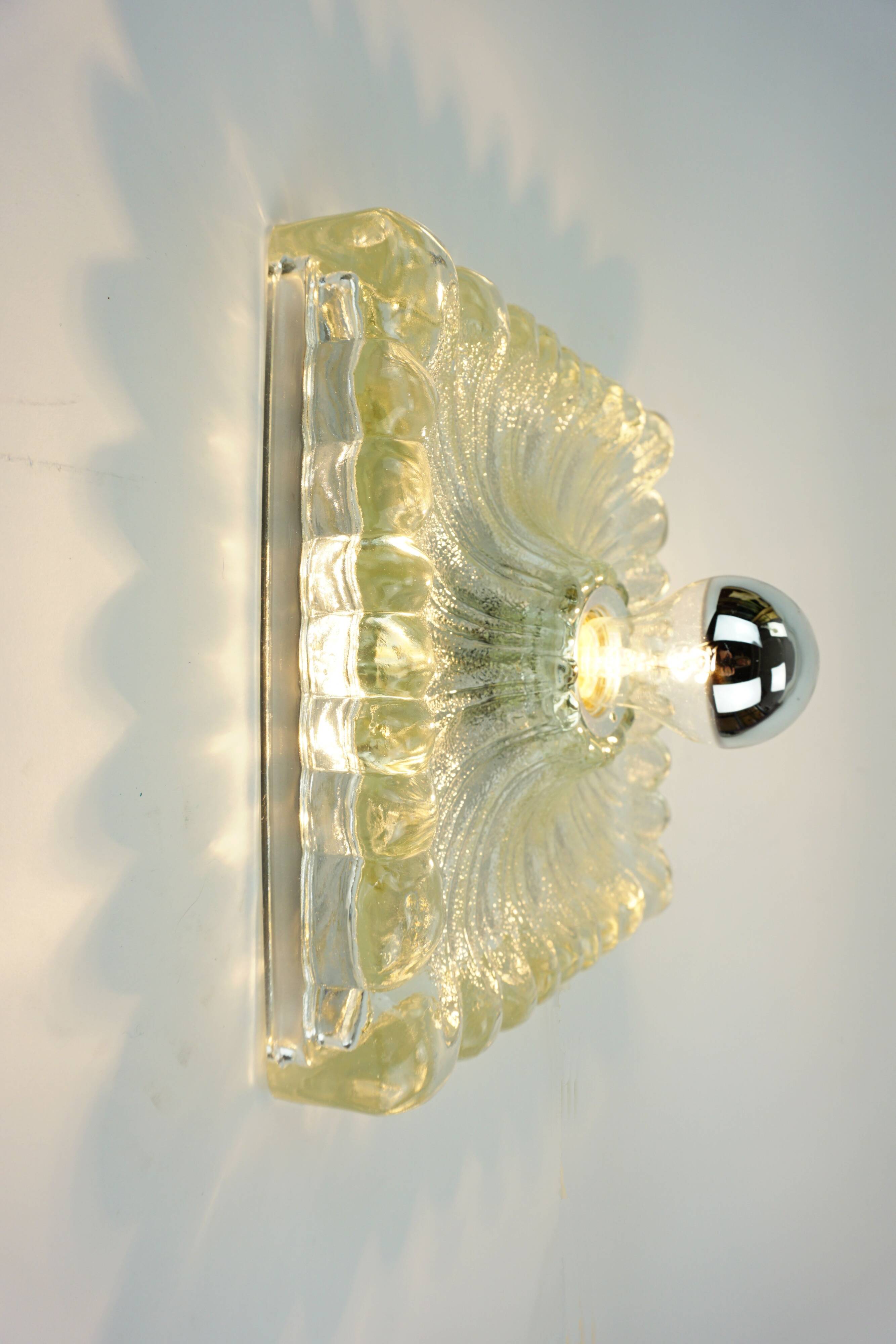 Heavy mid century ice glass wall lamp 1960s 70s sconce hustadt-leuchten