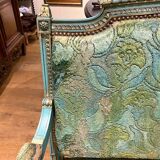 Louis XVI style bench in blue lacquered wood with gold trim