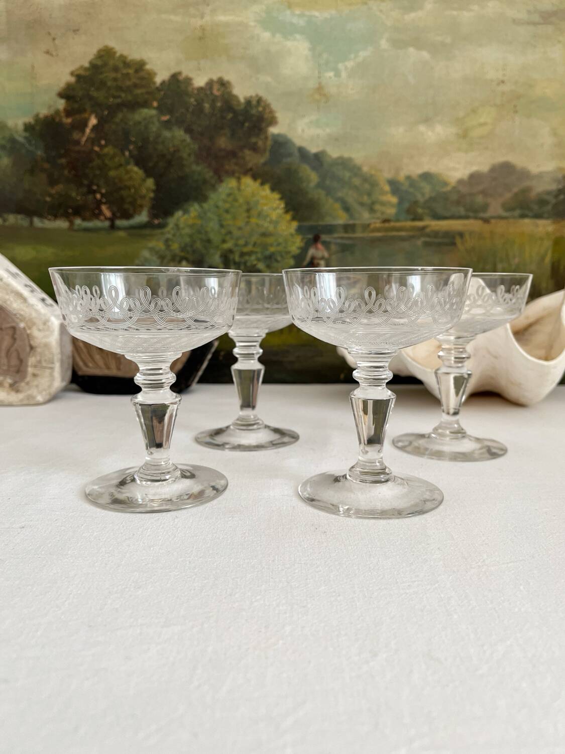 4 antique crystal champagne glasses with interlacing engraving