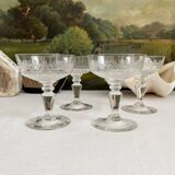 4 antique crystal champagne glasses with interlacing engraving