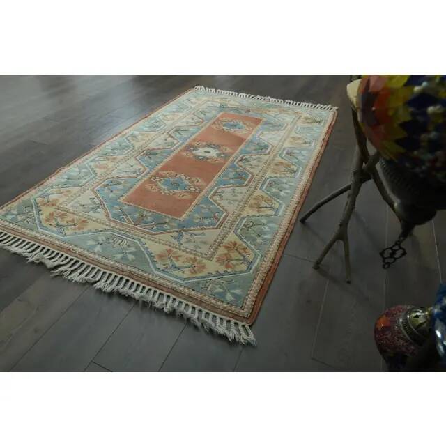 1970s Vintage Turkish Handmade Wool & Cotton Orange Area Rug 125x195
