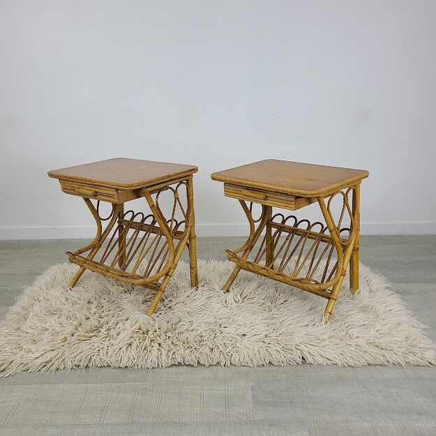 Pair of vintage rattan bedside table in 70s