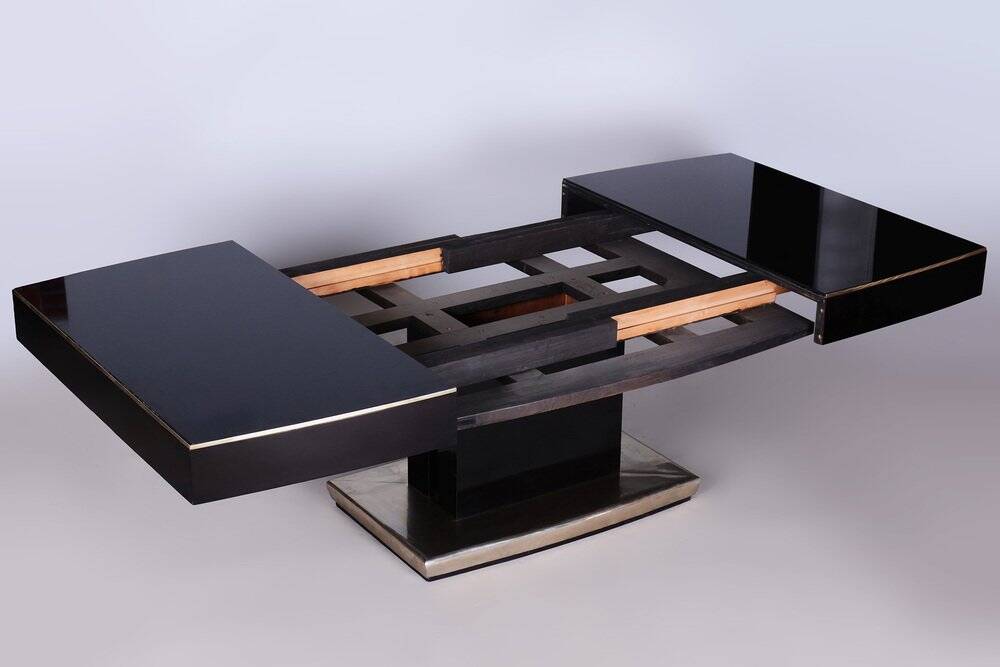 Large Art Deco Chrome and Black Glass Extendable Dining Table, 1930s