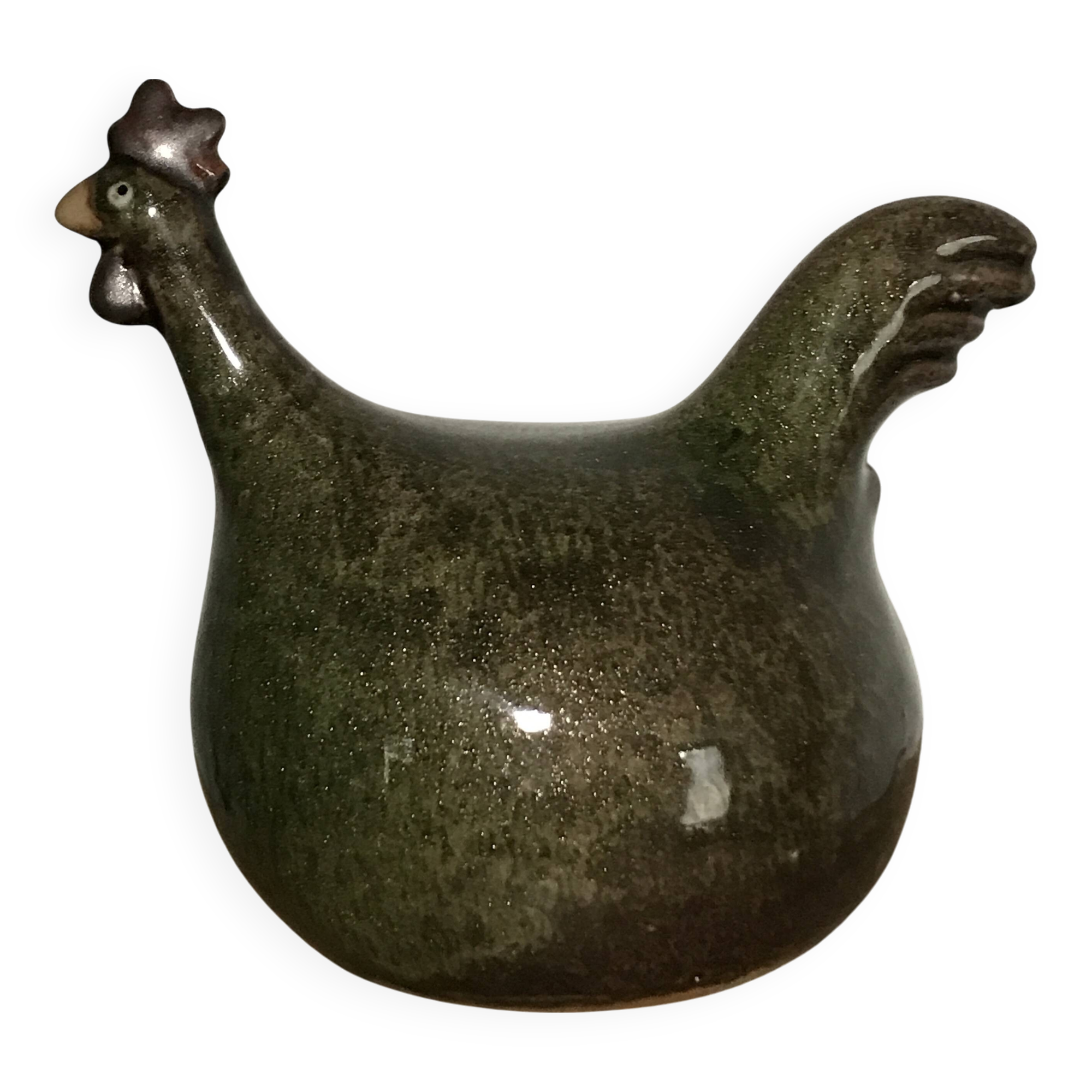 Vintage Rooster Figurine in Olive Green Glazed Stoneware with Glitter Effect 16 cm