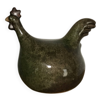 Coq vintage en grès émaillé vert olive