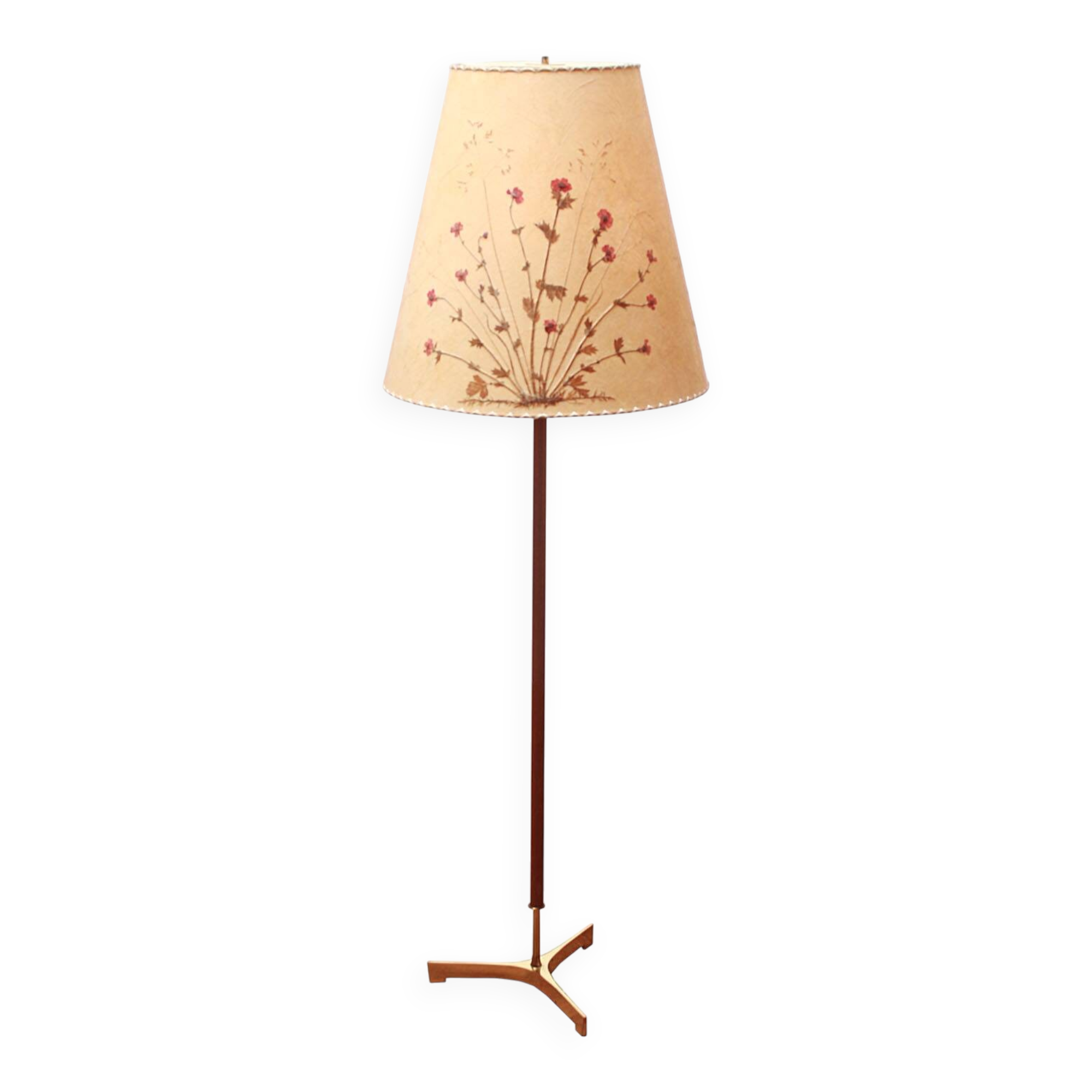 1950s floor lamp in brass and teak/shade with floral motif