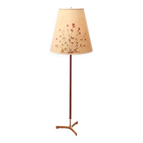 1950s floor lamp in brass and teak/shade with floral motif