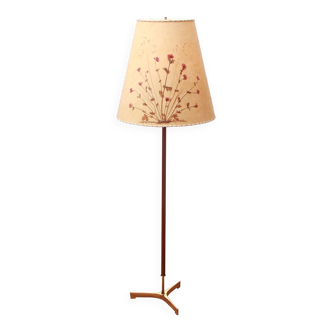 1950s floor lamp in brass and teak/shade with floral motif