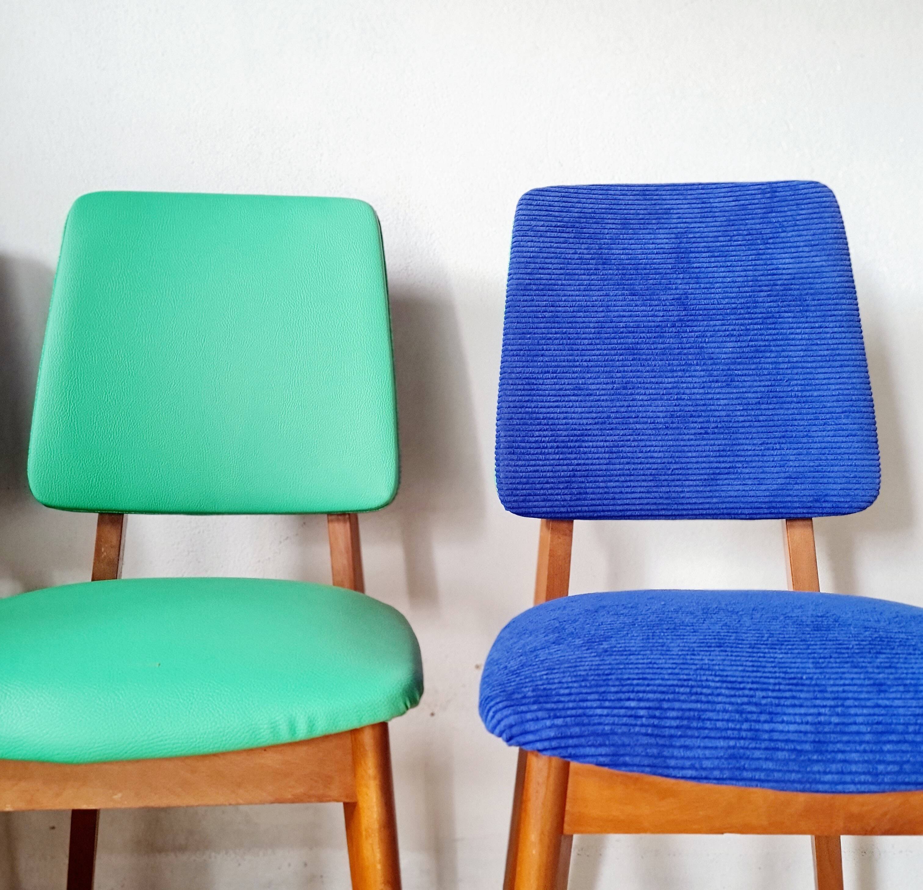 Series of velvet Scandinavian chairs - green and blue.