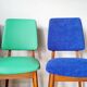 Series of velvet Scandinavian chairs - green and blue.