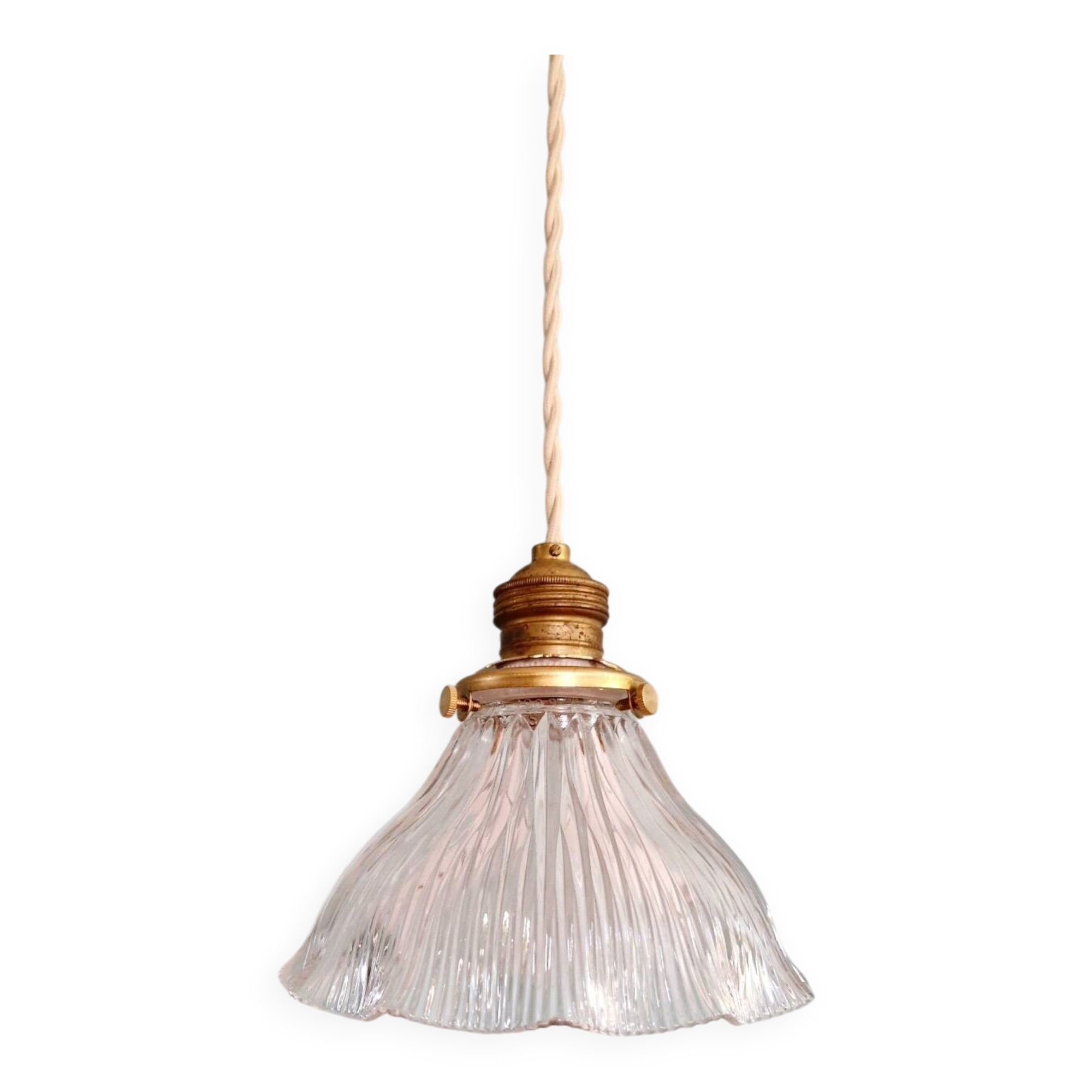 Suspension Art Déco en verre rainuré transparent, Holophane, 1920-30 