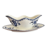 Saucière ancienne en terre de fer bleu et blanc
