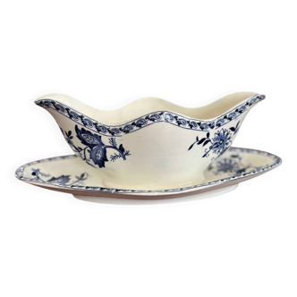 Saucière ancienne en terre de fer bleu et blanc