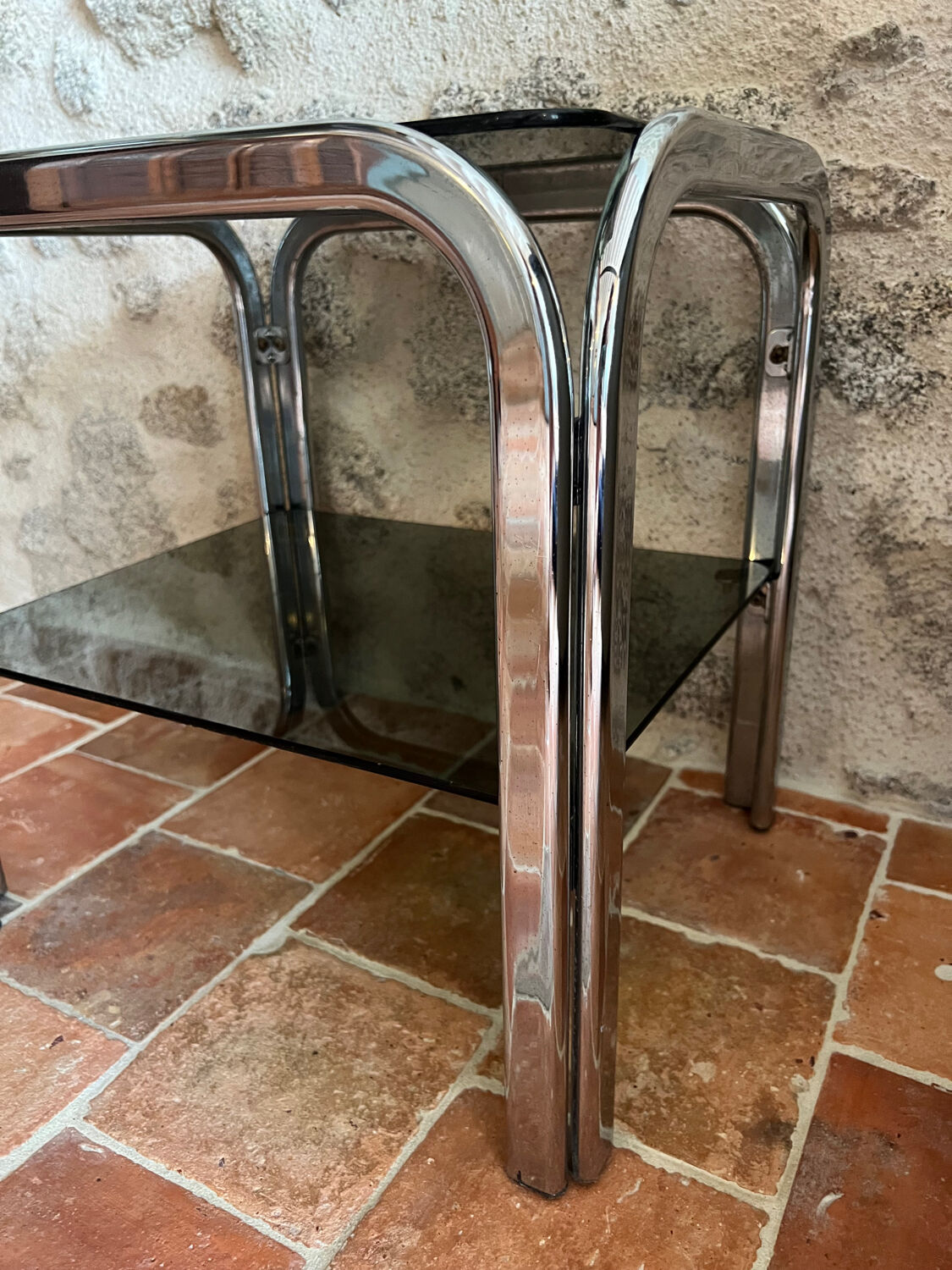 Chrome end table/side table and smoked glass