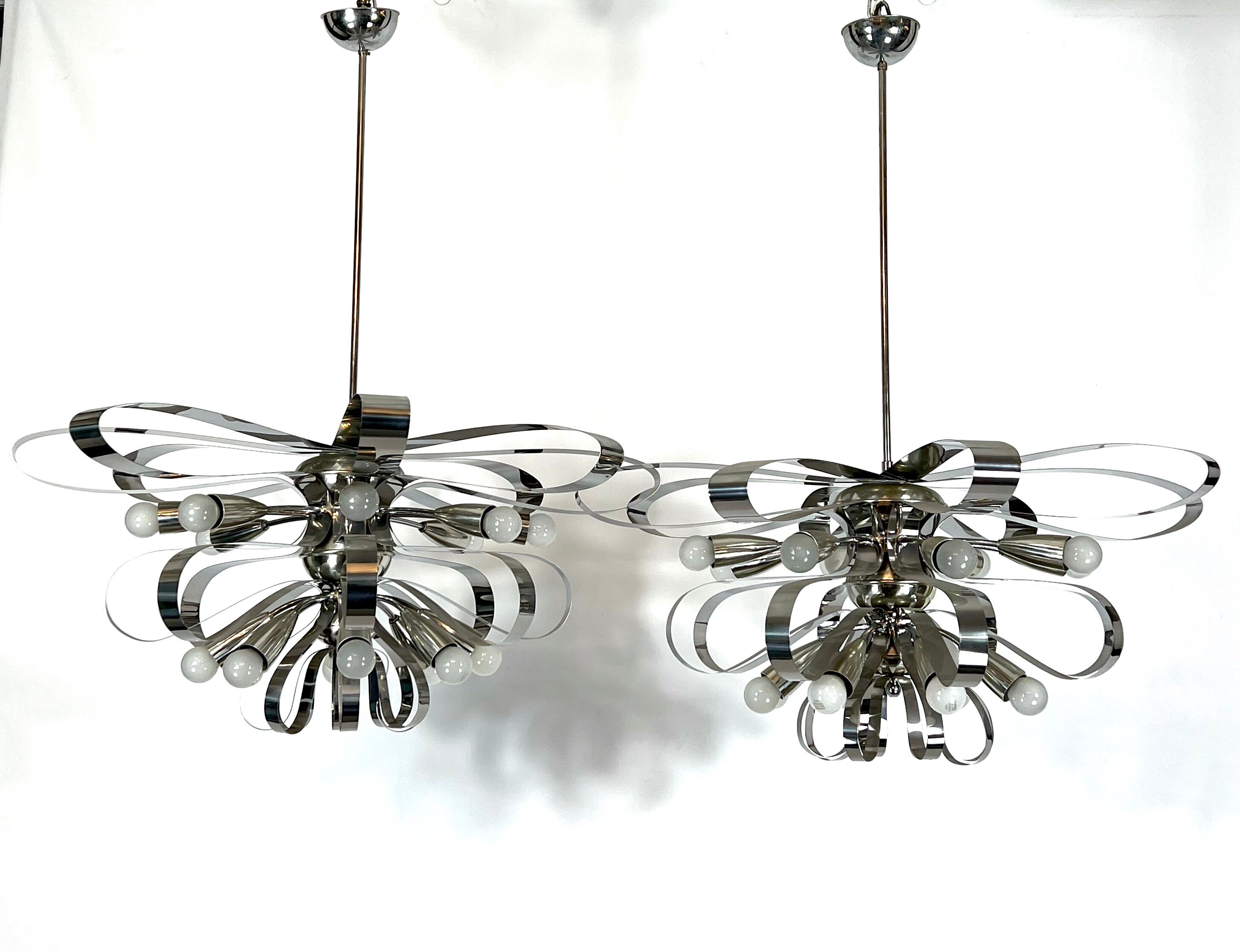 Mid-century pair of Italian chrome chandeliers from 70