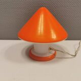 Beautiful Swedish mushroom-shaped table lamps in red and white glass. Estimated 1970s.