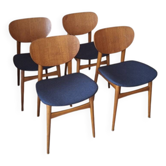 Ensemble de 4 chaises de salle à manger en teck avec housses bleu marine, Danemark, années 1960
