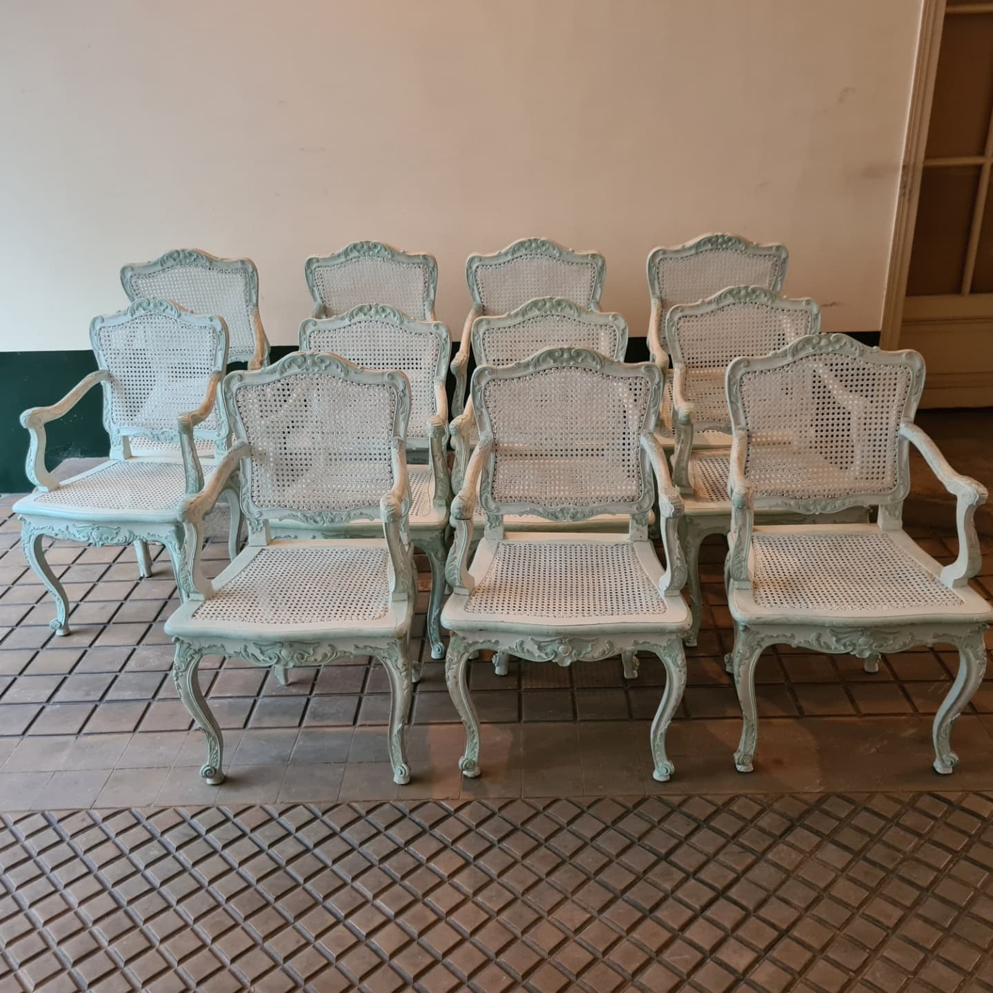 Set of 11 armchairs in lacquered wood, Regency style, second half of the 19th century