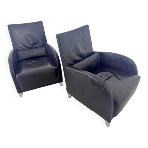 Paire Fauteuils club cuir aubergine Editeur Cinna